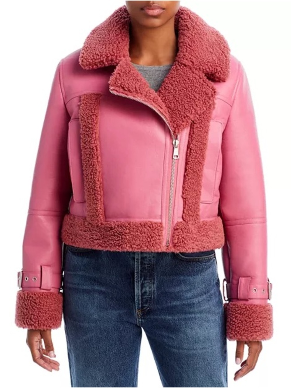 Apparis Jay Rose Faux Leather Teddy Sherpa Trim Pink Moto Jacket NWT Large
